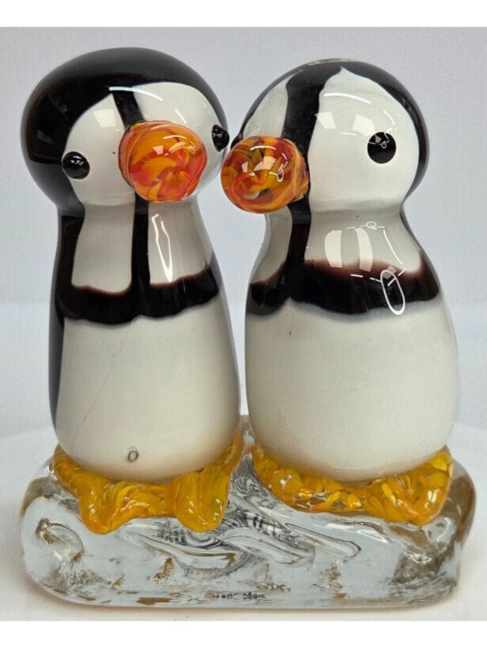 Handmade Art Glass Penguin Pair Figurine Orange Beaks Ice Base 4.5"